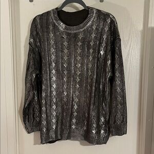 Shimmering Smokey Gray Silver Foil Coated Cable Knit Sweater L/XL